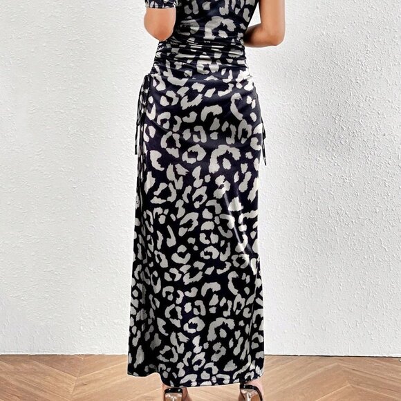 Black Preppy Women's Irregular Shoulder Leopard Print Dress - Picture 4 of 5